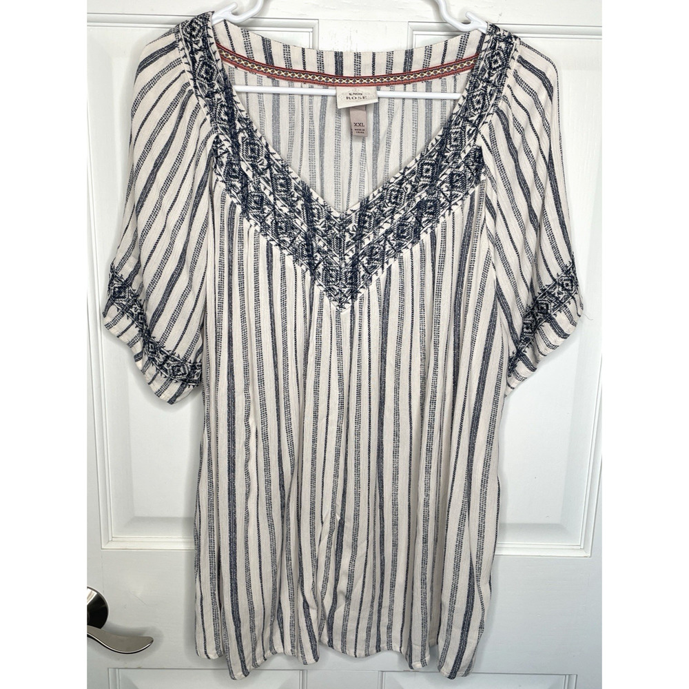 Knox Rose Women's Embroidered Striped Tunic Top Size XXL Boho Short Sleeve Flowy